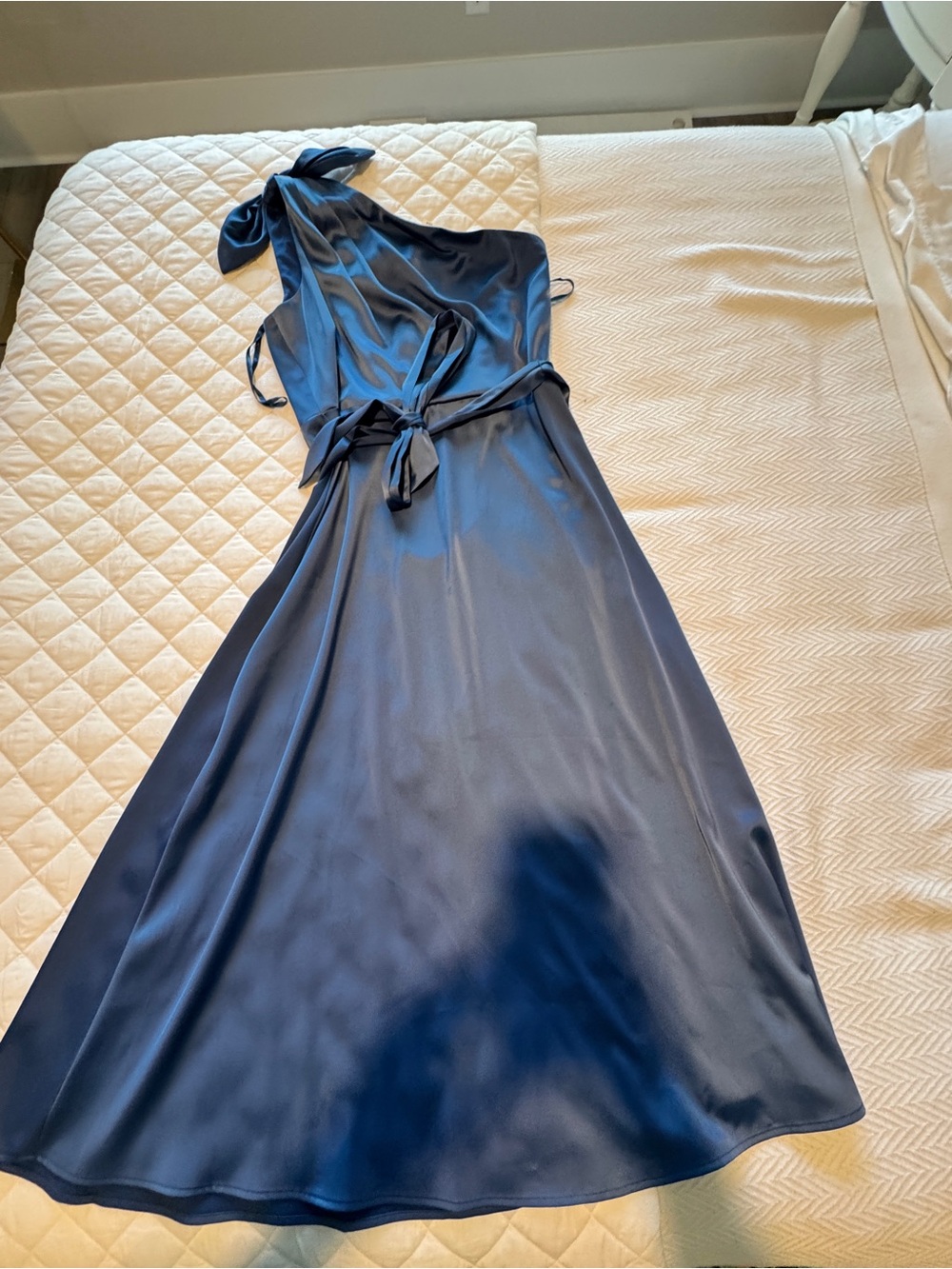 Elegant Blue Satin Halter Dress with Waist Tie